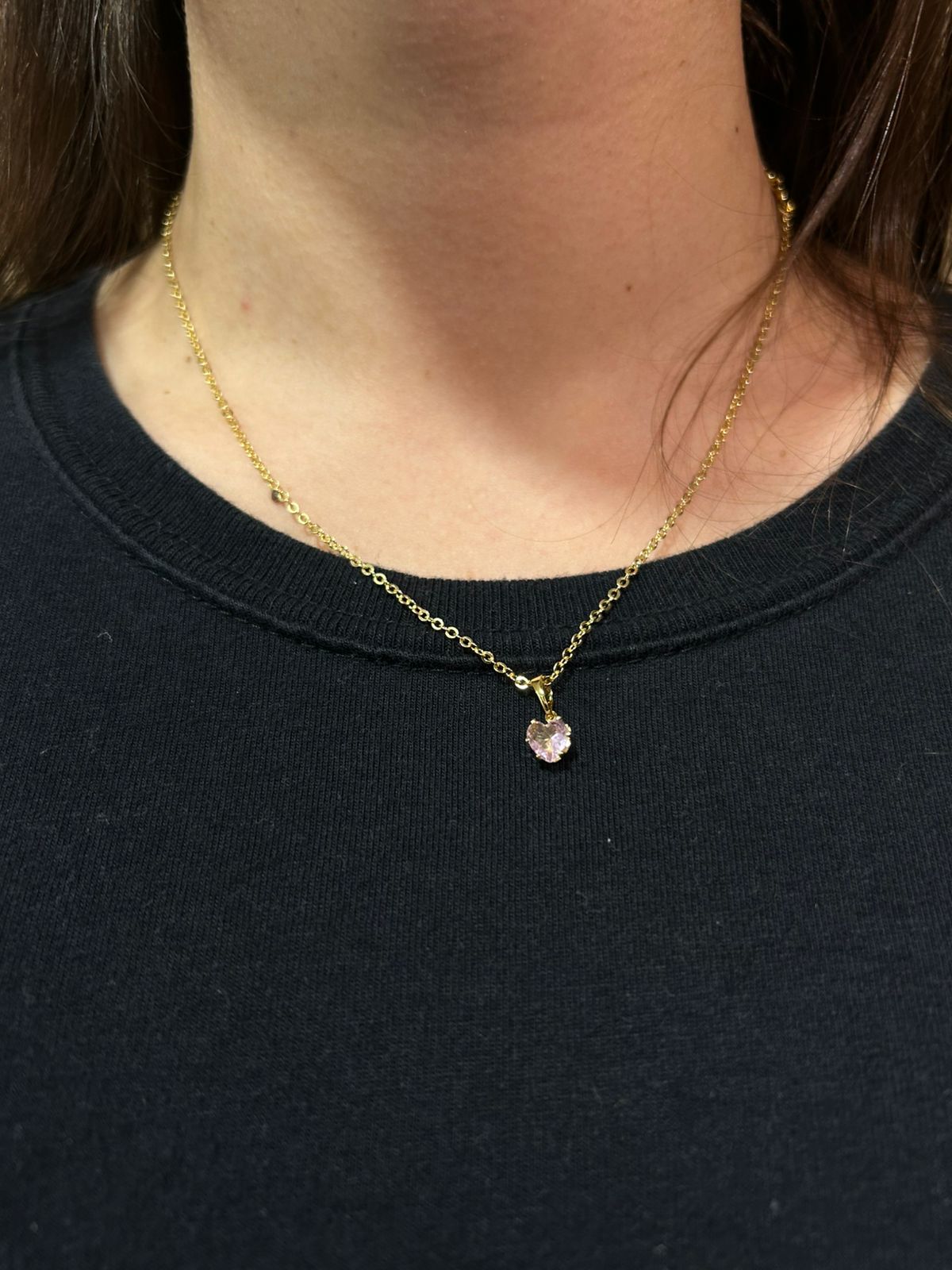 COLAR CADEADO 1,5MM COM PEDRA ROSA BANHADO
